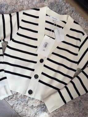Frame Denim Black & Cream Striped V-Neck Cardigan